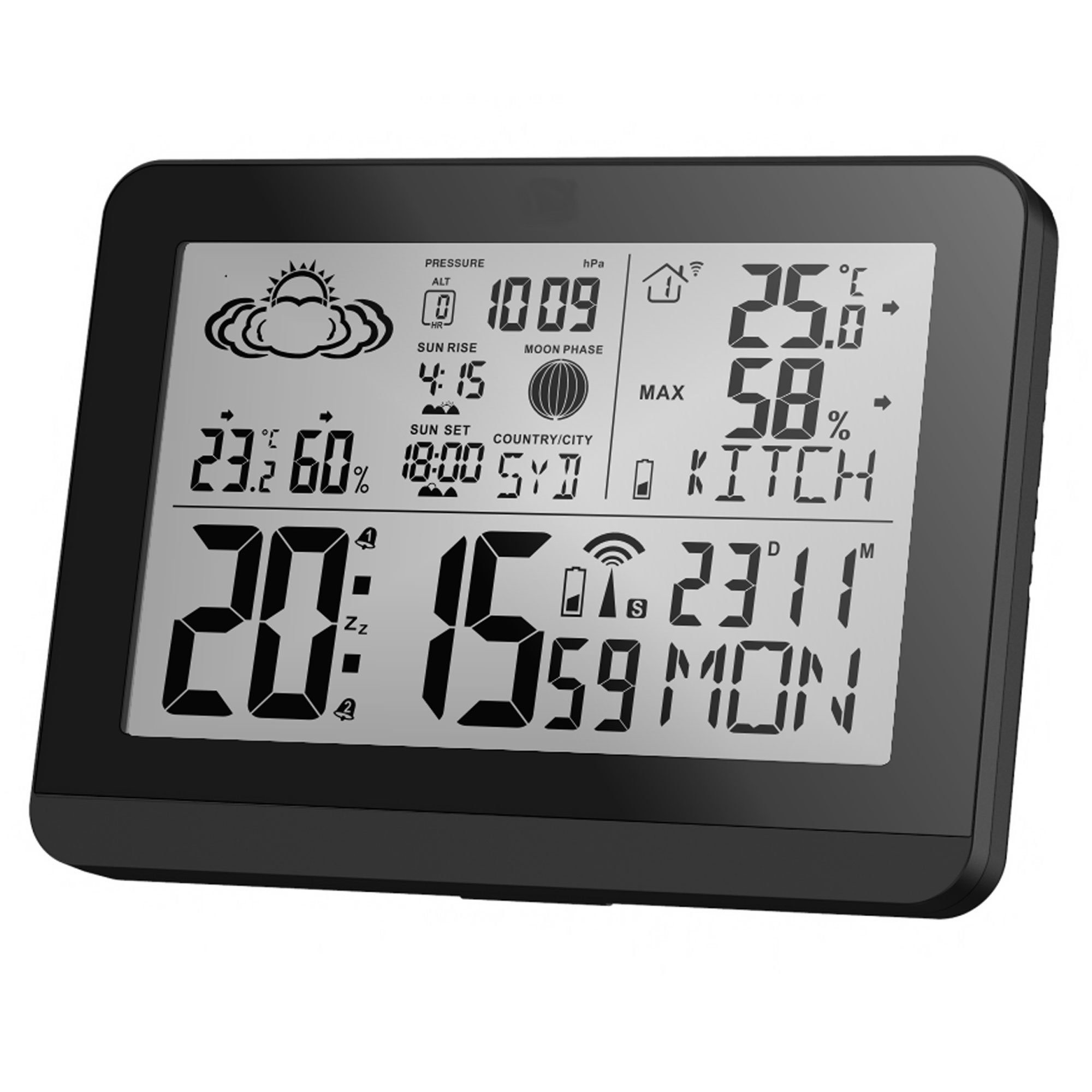 Miraval Moderne Design Funk-Wetterstation Funkwetterstation (Außensensor, mit Aussensensor bennenbar Mondphase Sonnenaufgang 2 Alarme Hygrometer)