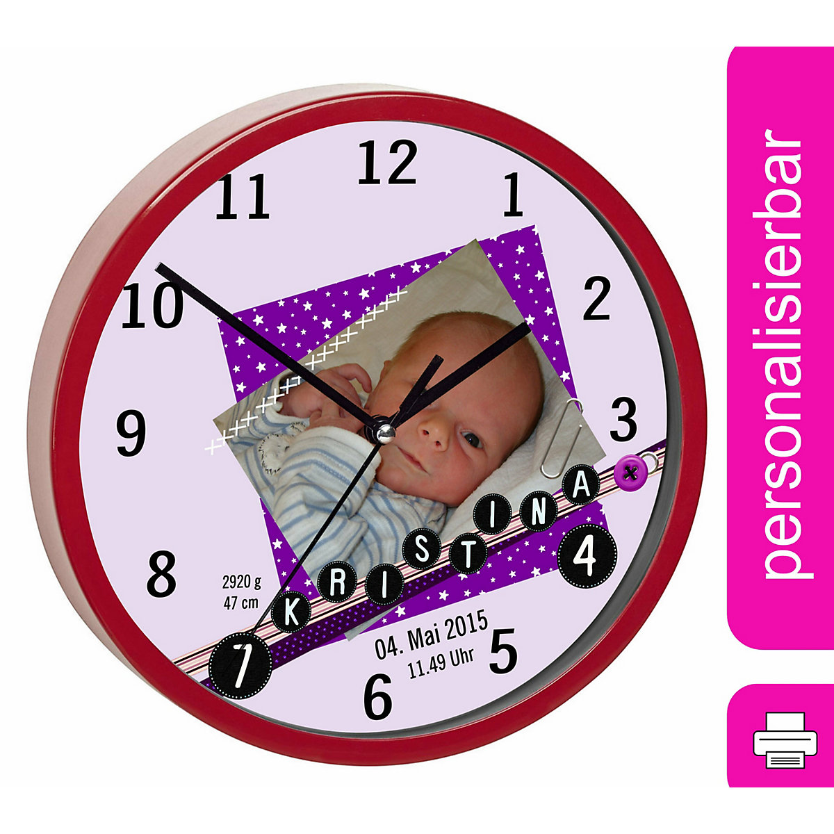 Kinder Wanduhr personalisiert mit Name Scrapbooking lila