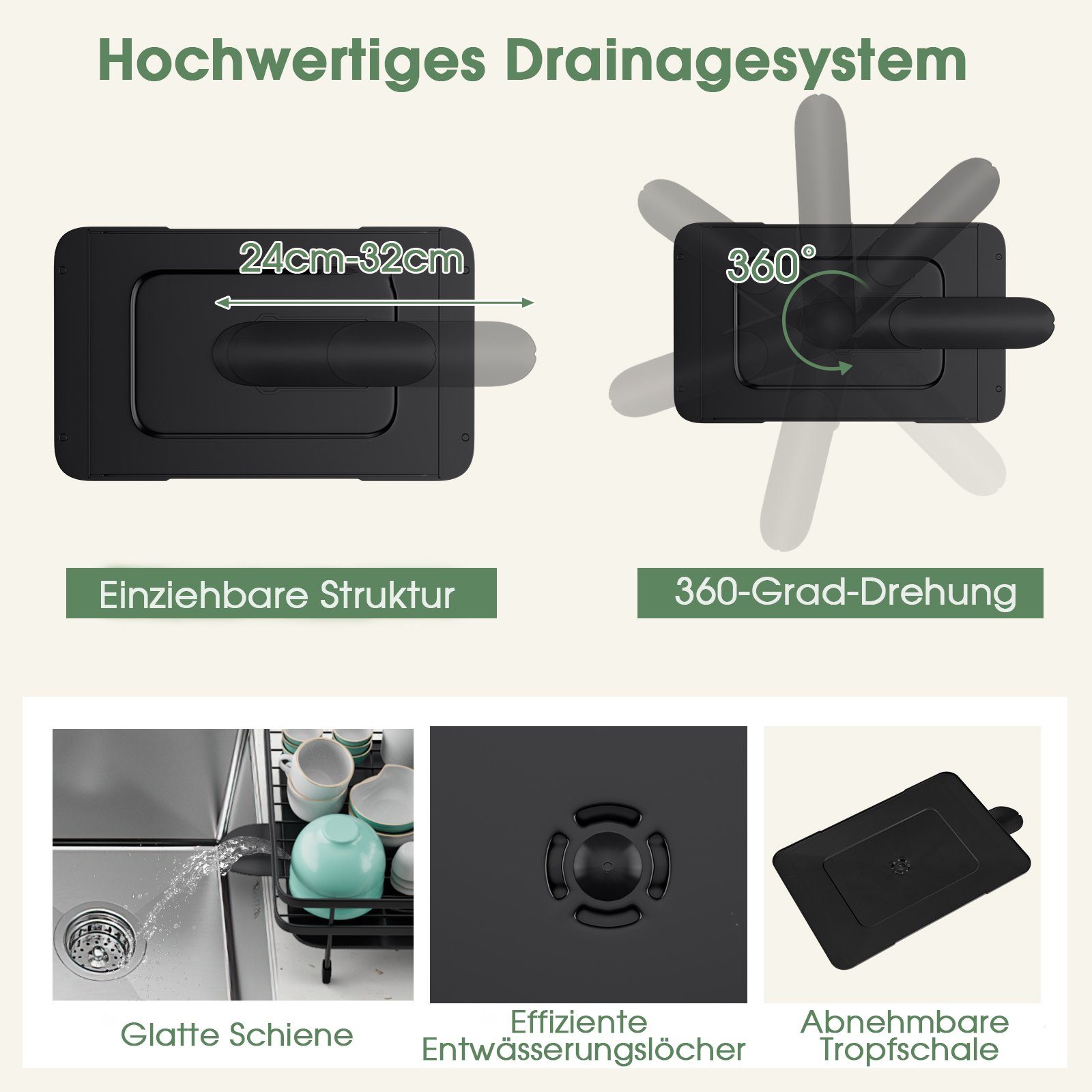 COSTWAY Geschirrständer, mit Utensilienhalter & 360° Auslauf, klappbar
