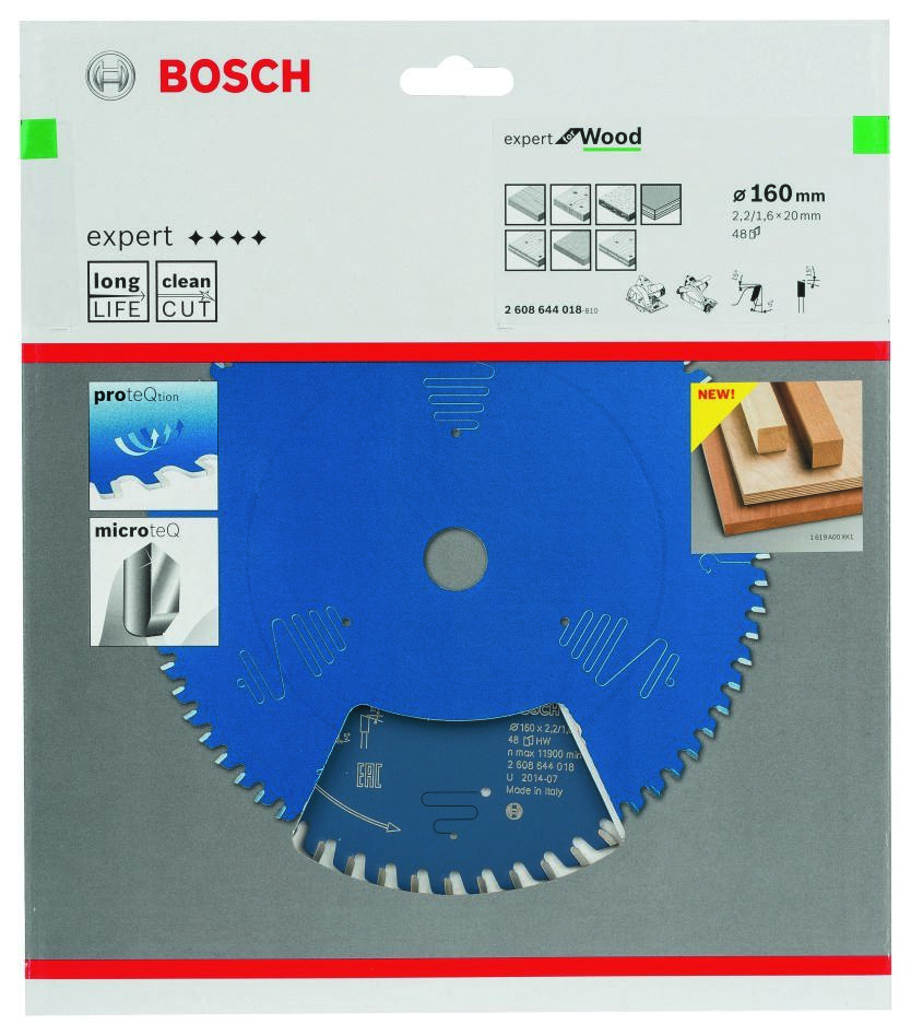 Bosch Blue Accessories 2608644018 Tarcza tnąca z węglików spiekanych Expert do drewna 160 x 20 x 48 zębów