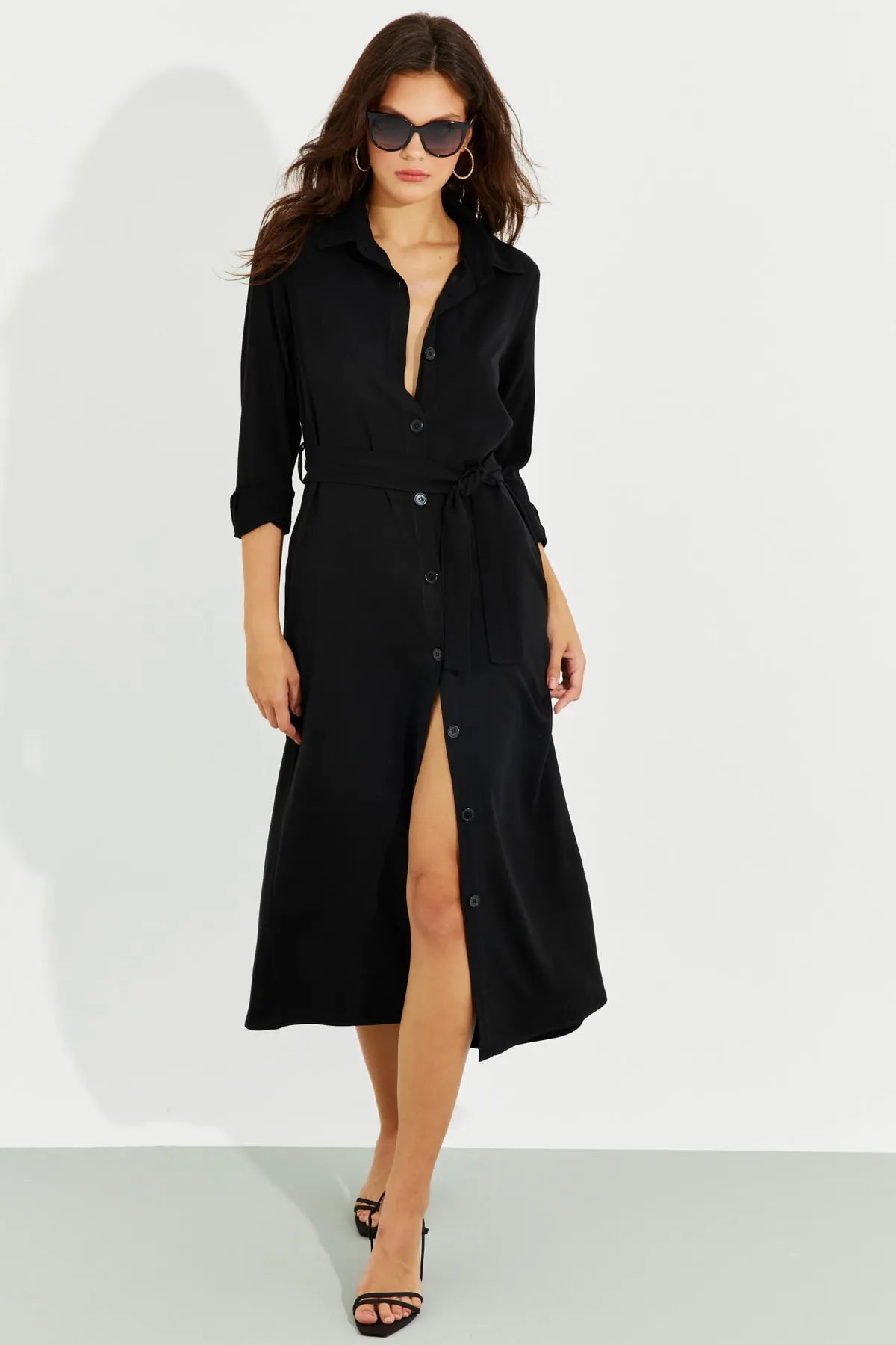 Cool & Sexy  Schwarzes Midi-Hemdkleid mit Tasche für Damen BK1683