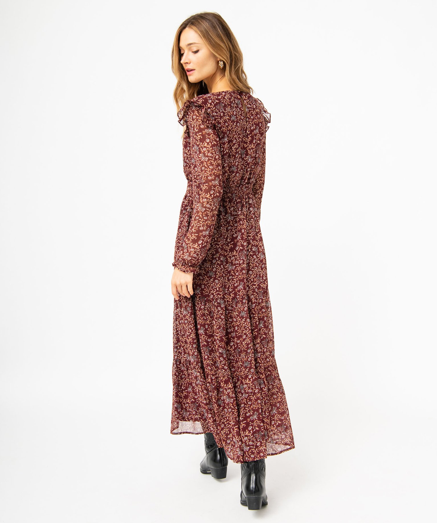 Robe longue à manches longues motif fleuri femme imprime | GEMO