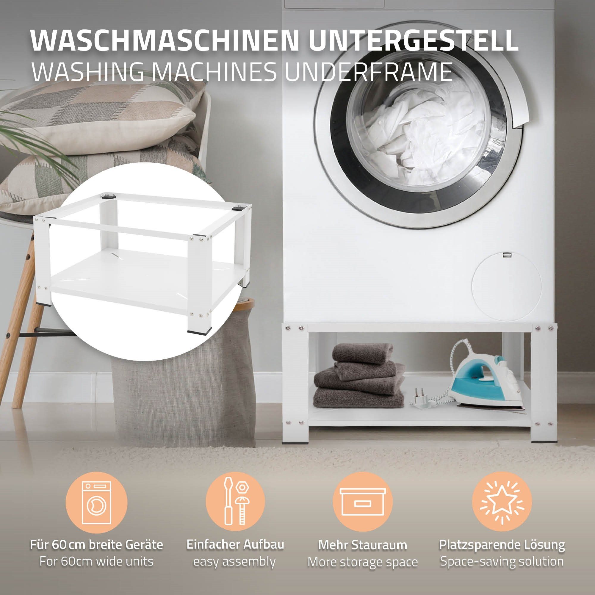 ML-DESIGN Waschmaschinenuntergestell Waschmaschinen Untergestell mit Ablage 63x54cm Weiß aus Stahl