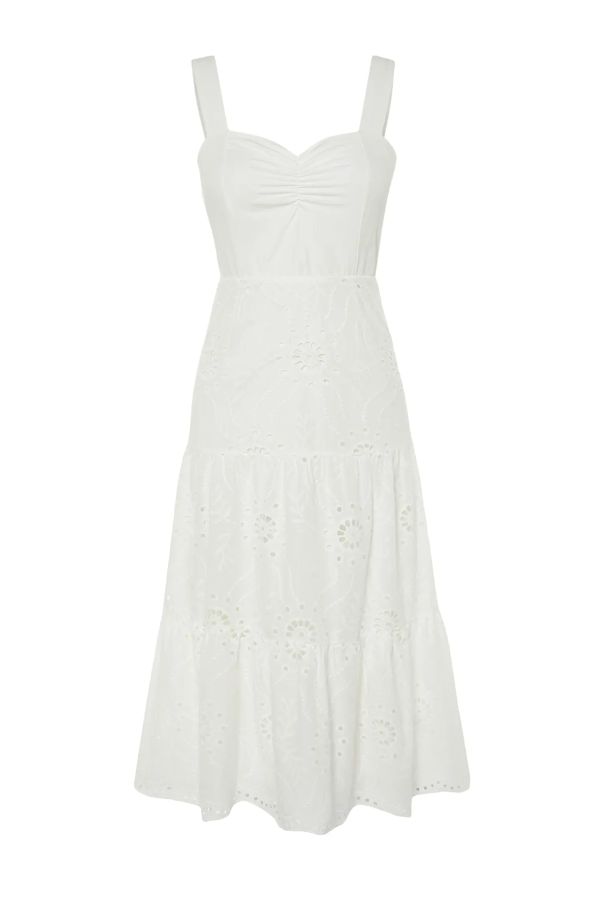 Trendyol Collection  Weißes Midikleid mit Taillenöffnung, gefüttert und bestickt, gewebtes Kleid TWOSS23EL00156