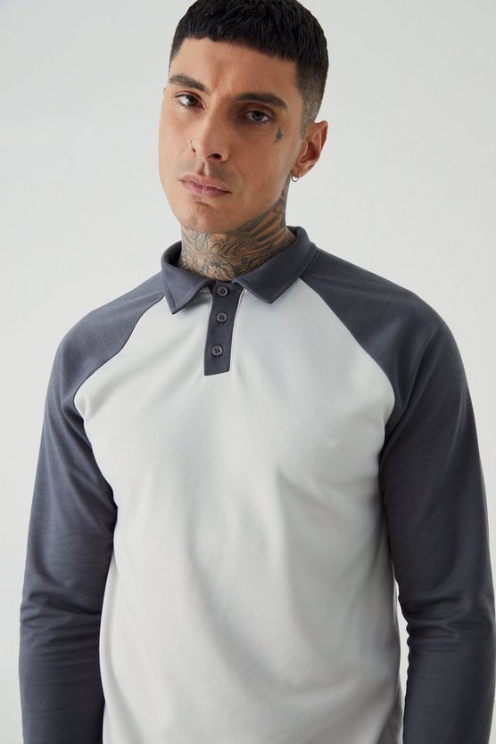 Tall langärmliges Slim-Fit Colorblock Poloshirt