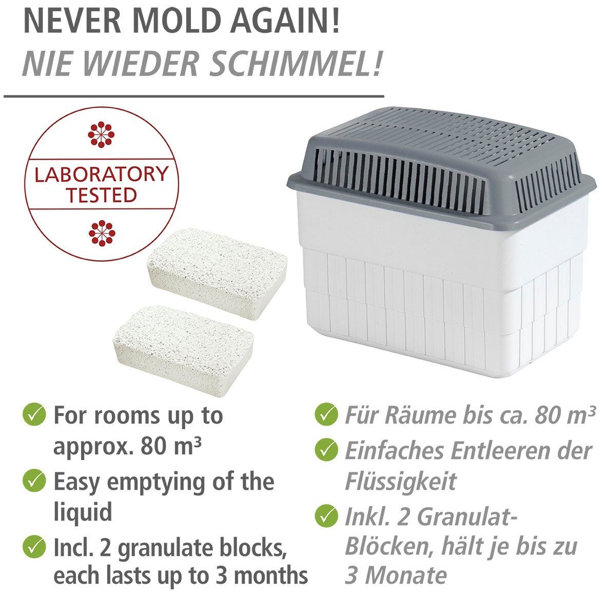WENKO Luftentfeuchter Feuchtigkeitskiller, für 80 m³ Räume, 2 x 1 kg