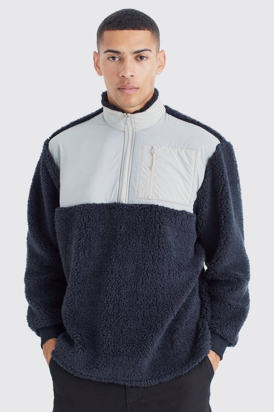 Kastiges Oversize Borg-Sweatshirt mit Nylon-Einsatz und 1/4 Reißverschluss
