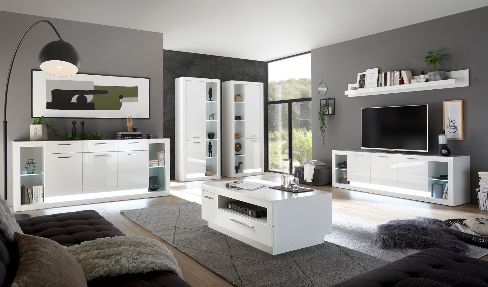 Furn.Design Wohnwand Ladis, (in weiß Hochglanz, Set 3-teilig, 298 x 198 cm), zeitlos elegantes Design