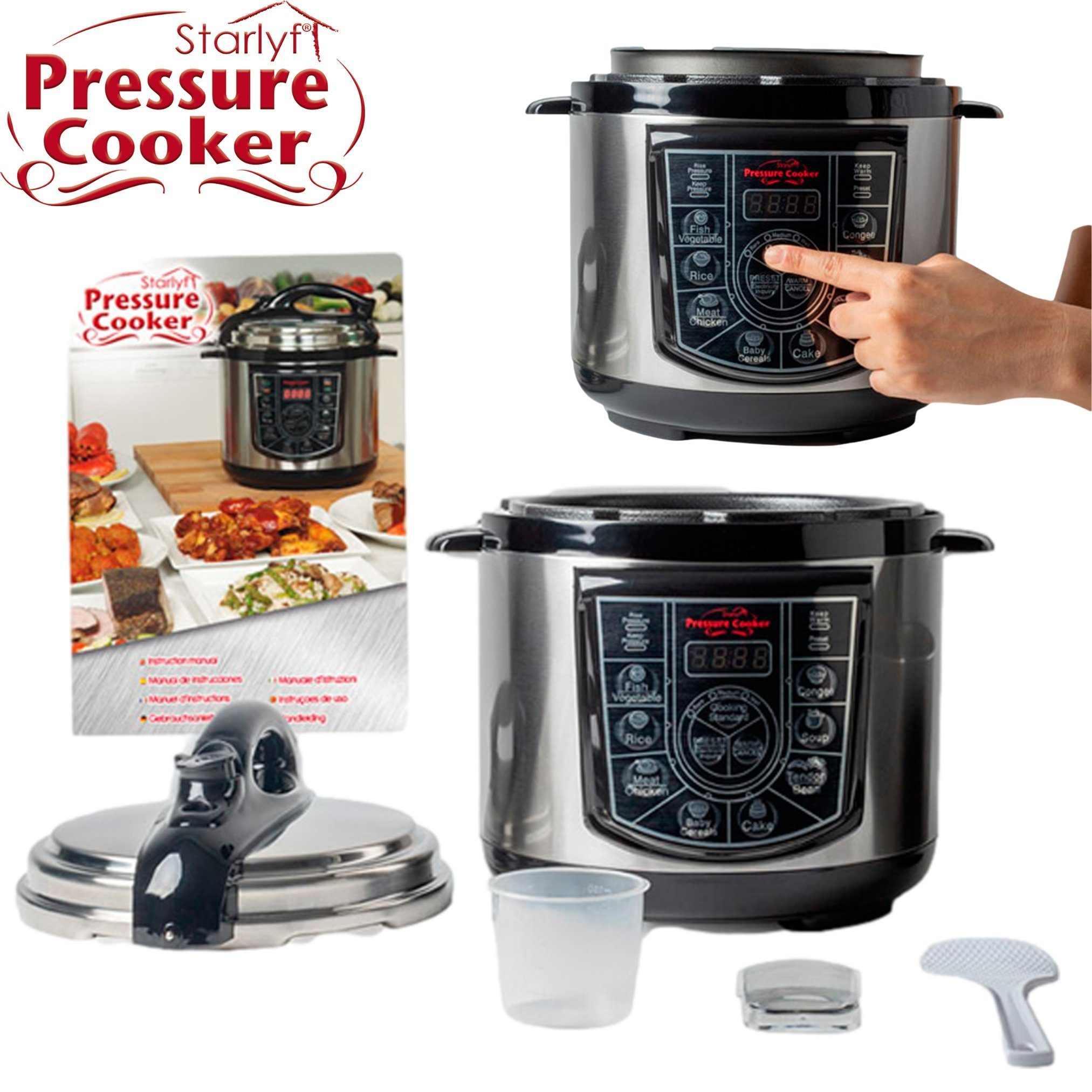 Starlyf Reiskocher Pressure Cooker, 800 W, Schnellkochtopf, Multikocher, 8 Programme, Antihaftbeschichtung