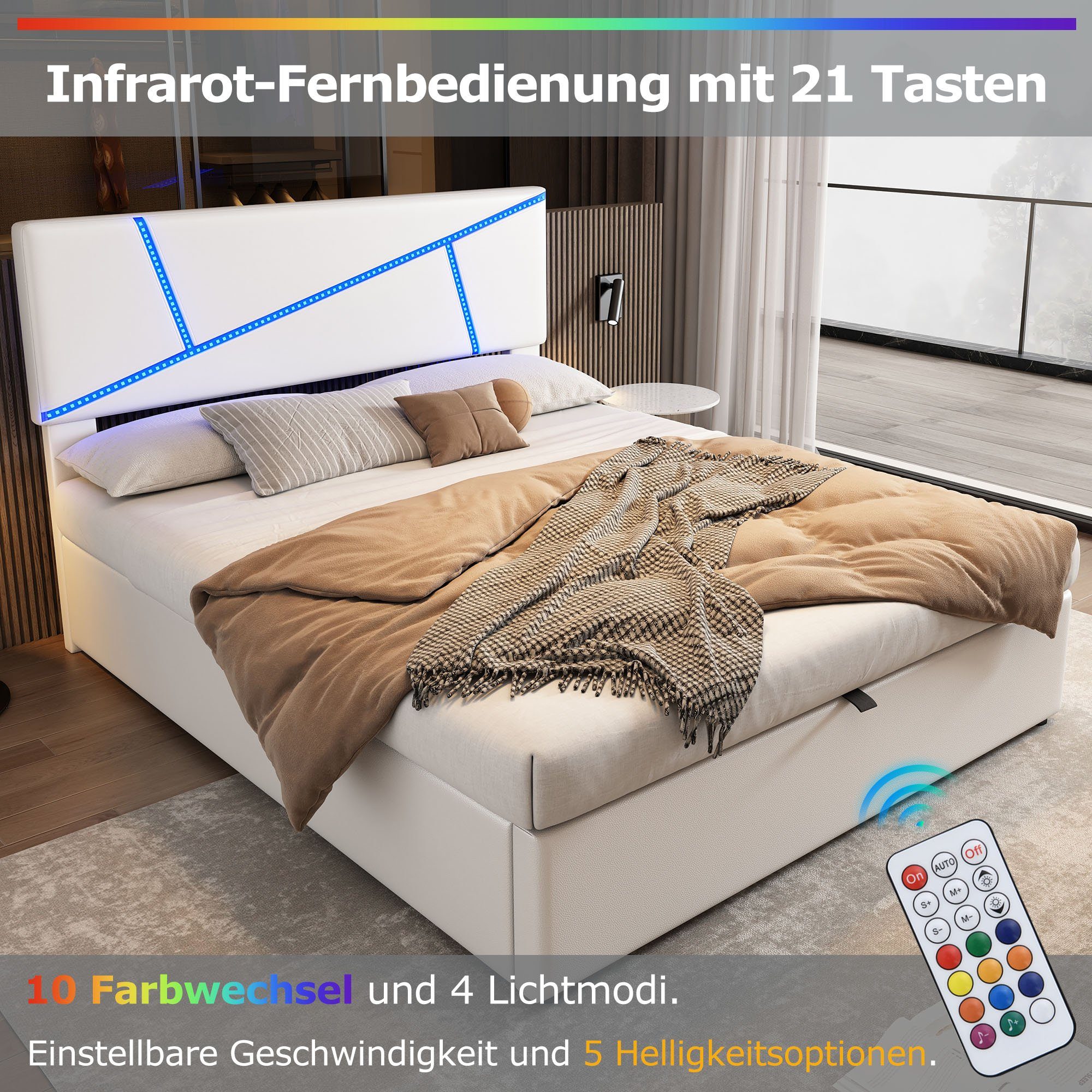 OKWISH Polsterbett Bequemes (mit LED-Lichtleisten,160*200 cm, Doppelbett mit Lattenrost, Rückenlehne, Hydraulisches Funktionsbett, Synthetisches Leder), Weiß