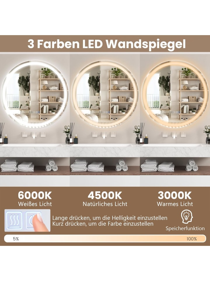 COSTWAY Badspiegel LED 3000-6000K mit Zeitanzeige & Speicherfunktion in Silber günstig kaufen onesize
