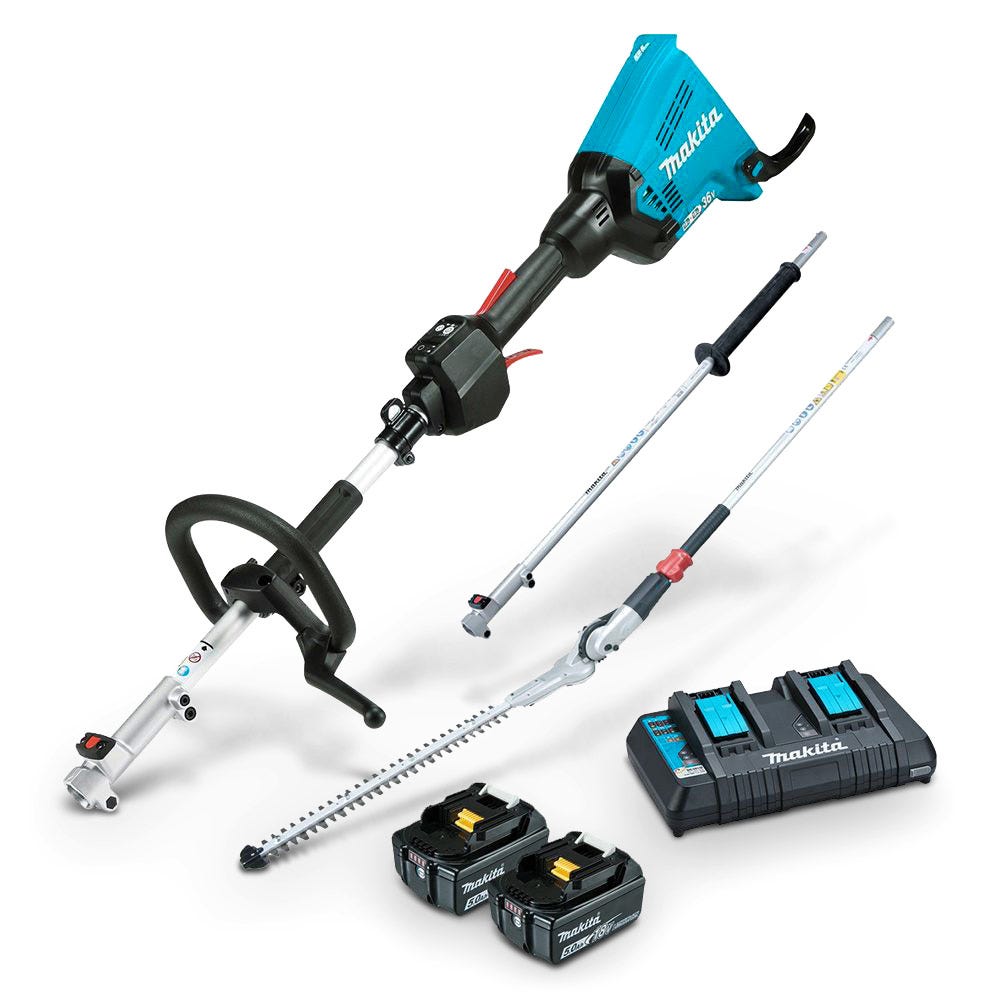 Kit MAKITA DUX60PHPT2 com motor sem escovas, 36V, 2 baterias de 5,0Ah, cabeçote de força multifuncional e aparador de sebes.