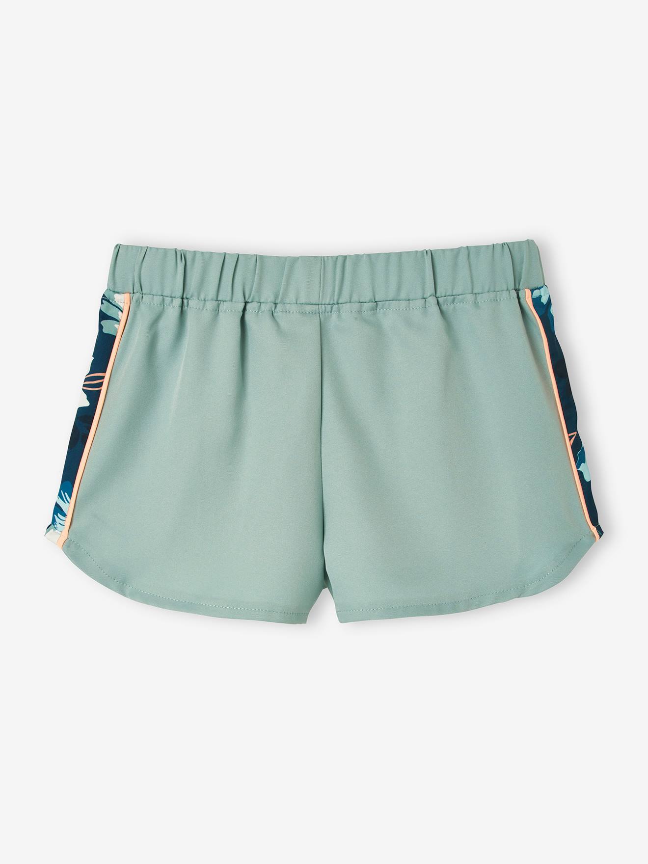 Short de sport technique bandes motifs fleurs fille light sauge