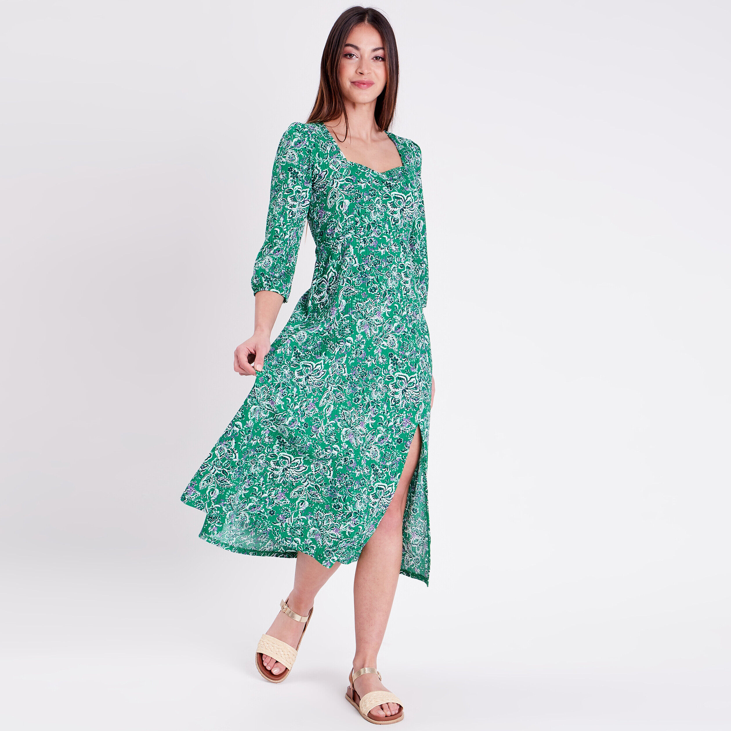 Robe longue à manches 3/4 vert femme | Cache Cache