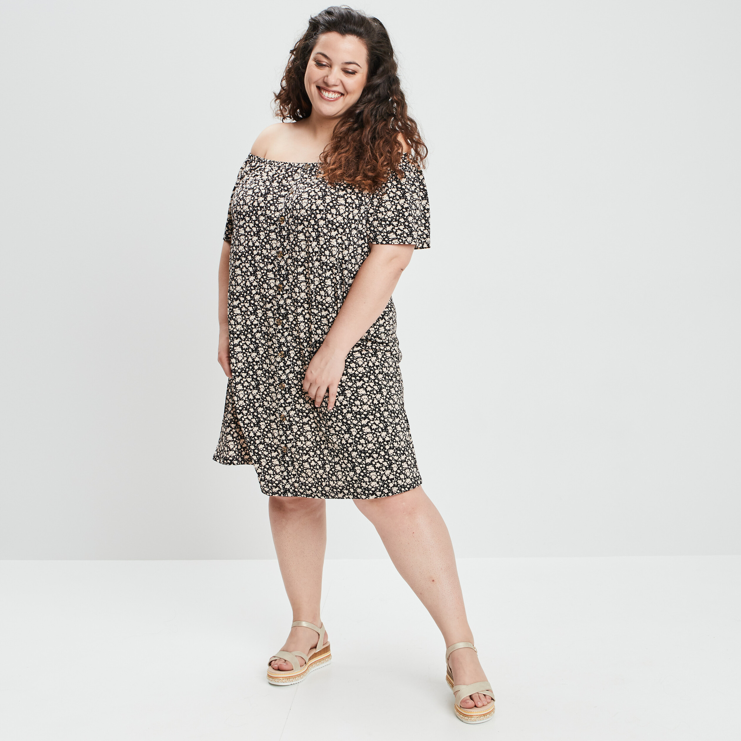 Robe droite boutonnée à col bardot noir femme grande taille | La Halle