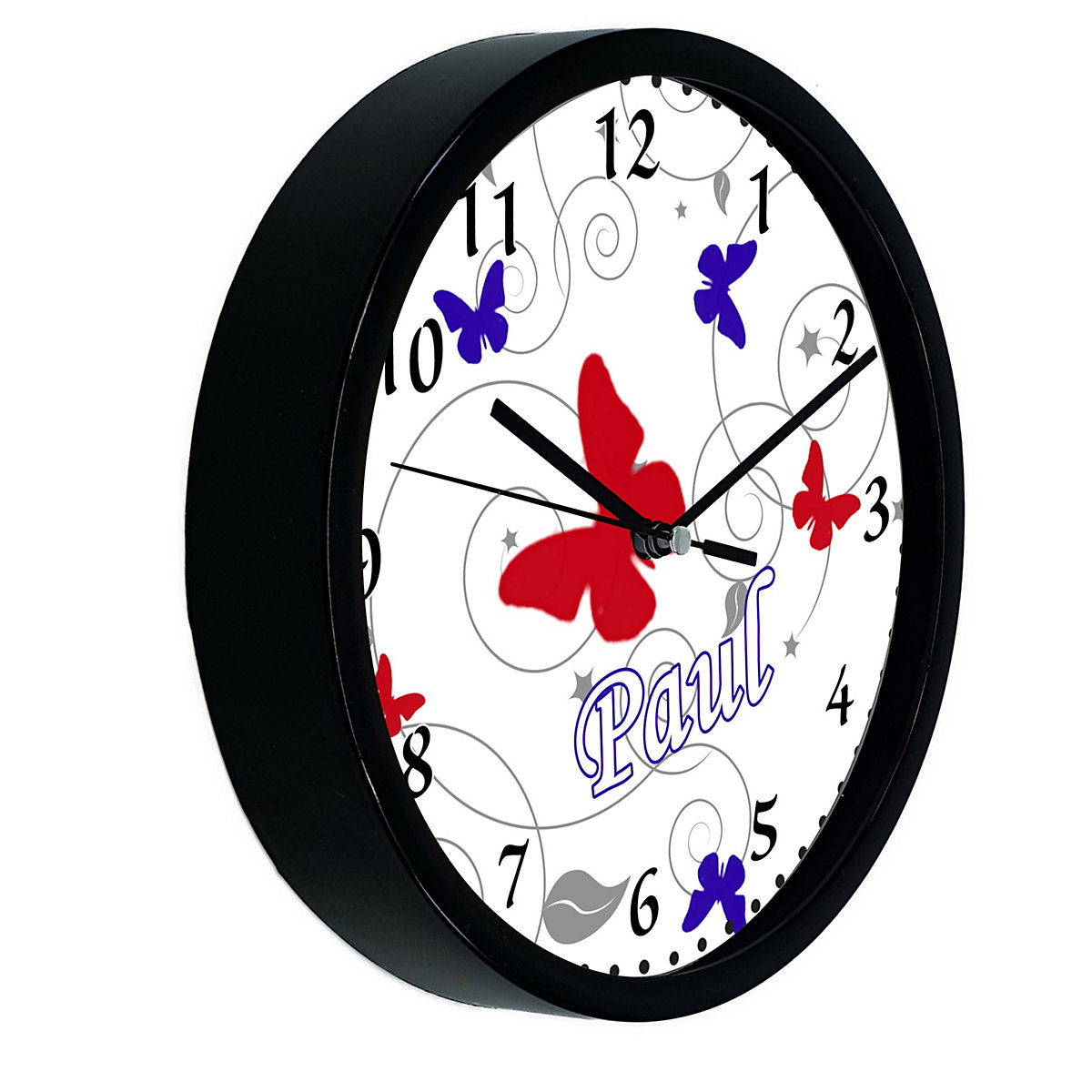 Kinder Wanduhr personalisiert mit Name Schmetterling Rot Blau Grau