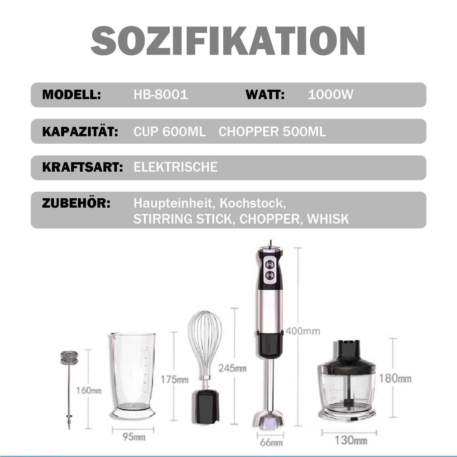 Yaviel Stabmixer Pürierstab Set Elektrische Kabellos 5 in 1 Mixstab Hand Blender Mixer, Edelstahl 1000w Handmixer Zauberstab mit 12 Geschwindigkeitsstufen