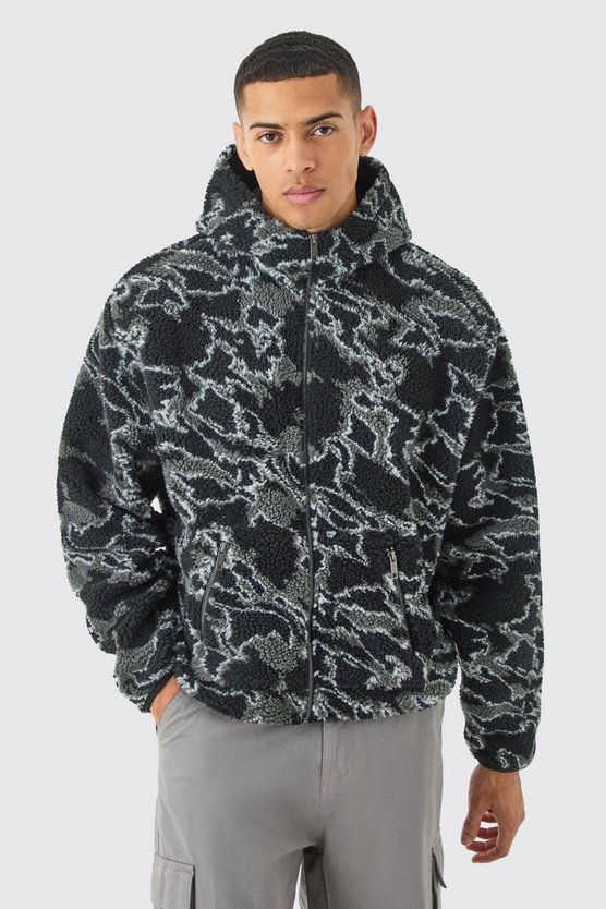 Kastiger Oversize Borg-Hoodie mit Reißverschluss und abstraktem Print
