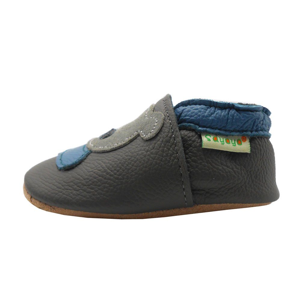 Yalion Weiche Leder Krabbelschuhe Lauflernschuhe Hausschuhe Lederpuschen Bär Grau 100% Leder Krabbelschuh