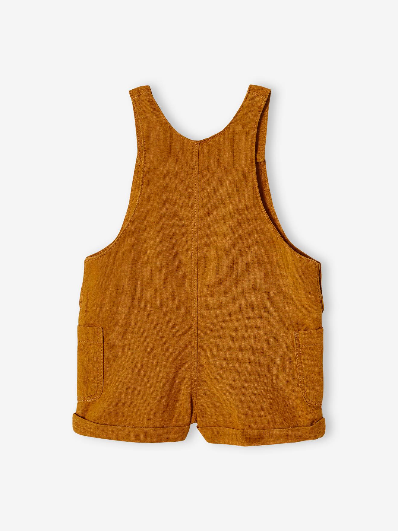 Salopette courte bébé en lin et coton caramel