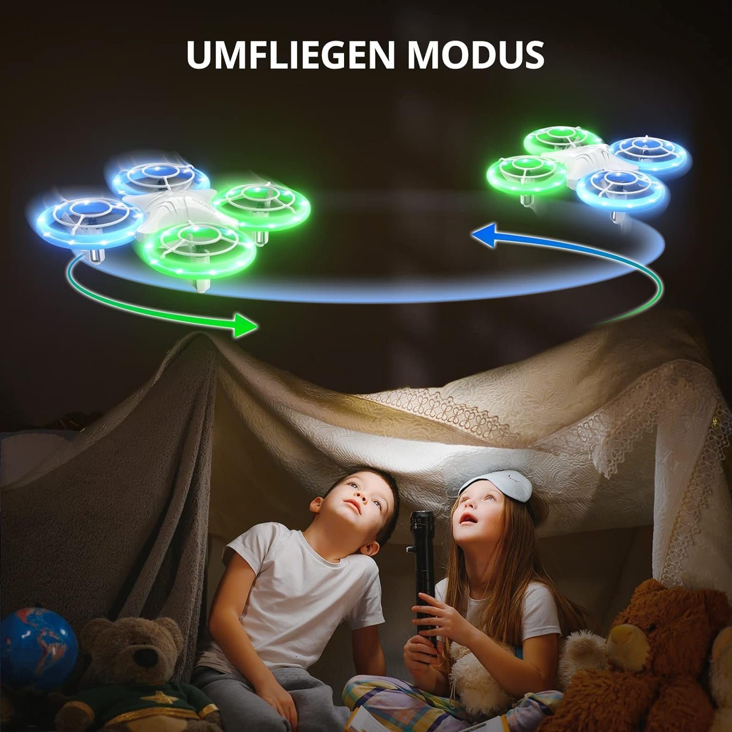 Tomzon Mini Drohne für Kinder, Blauen und Grünen LED Lichter Drohne (Fliege mit Leichtigkeit: 2 Akkus, 3D-Flip, Kopflos-Modus, für Anfänger)