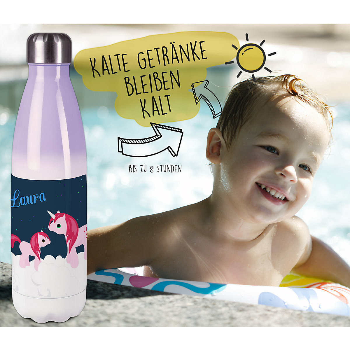 Edelstahl Kinder Thermoflasche / Trinkflasche bunt Einhorn Spülmaschinenfest, Auslaufsicher, Bruchfest, Doppelwandig, Für Heißgetränke geeignet, Mit Deckel, Isoliert