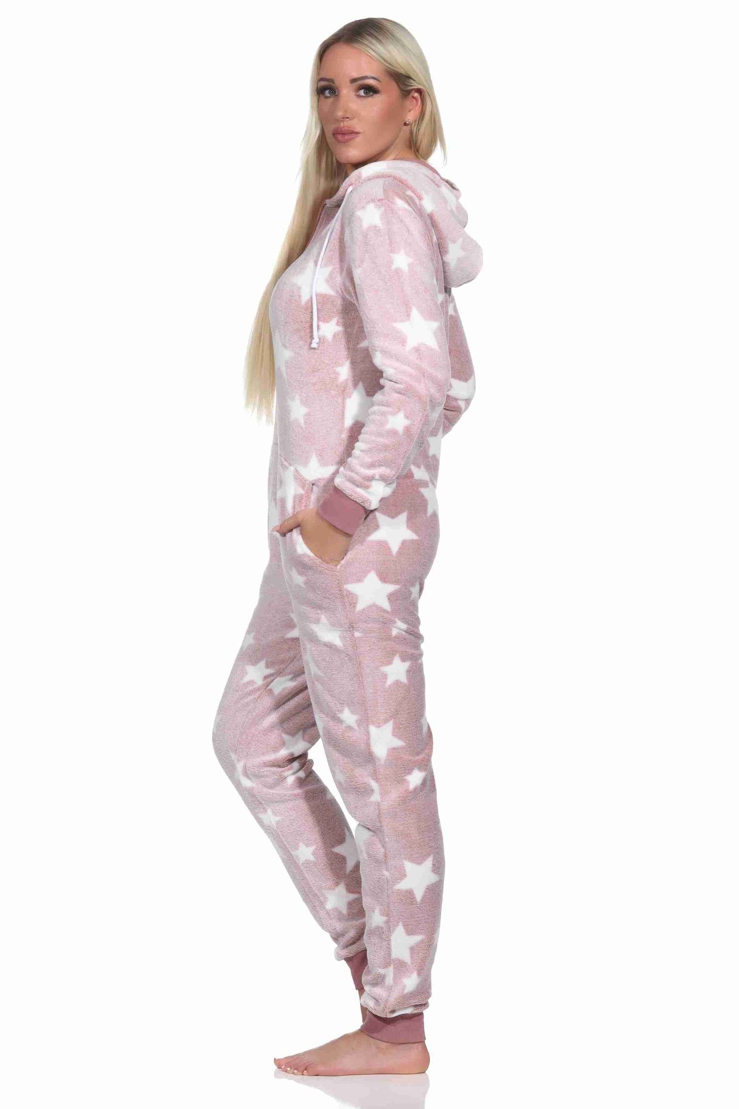 Normann Pyjama Damen Schlafanzug Jumpsuit Overall in Sterneoptik aus Coralfleece