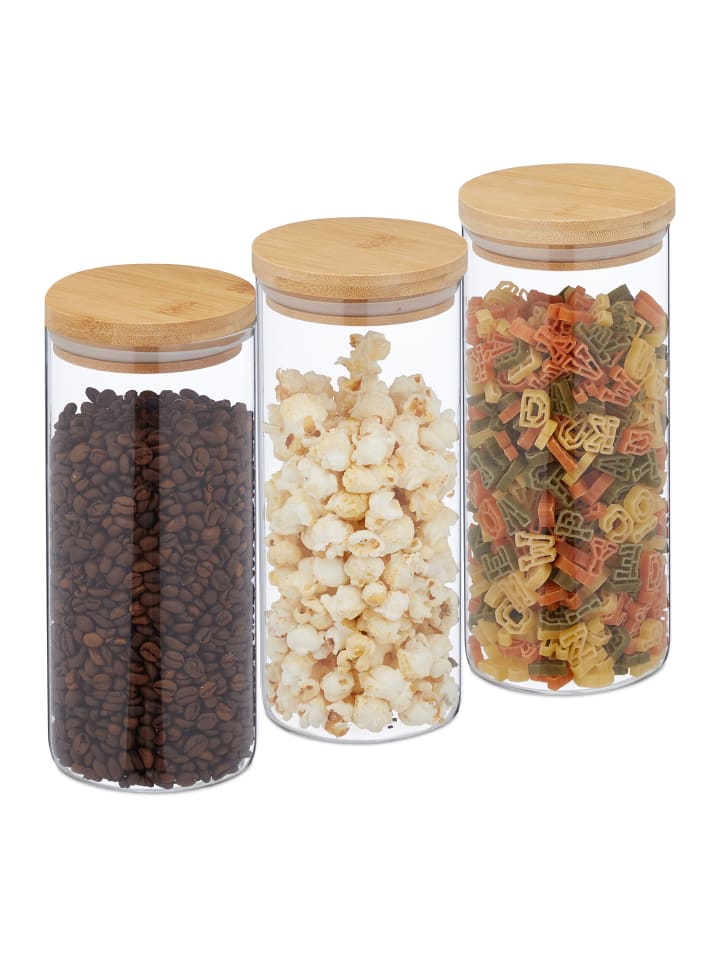relaxdays 3 x Vorratsglas in Transparent/ Natur - 1300 ml günstig kaufen onesize