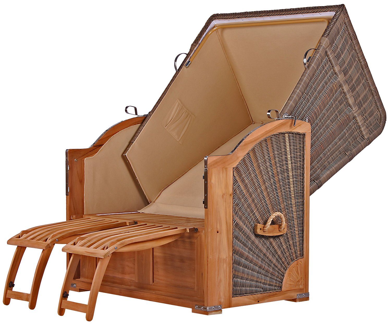 bene living Strandkorb Schaalsee 2-Sitzer Teak - PE grau - Modell 505, BxTxH: 125x80x170 cm, Volllieger ca. 175 Grad, Ostsee-Strandkorb Komplettset, inkl. Liftersystem