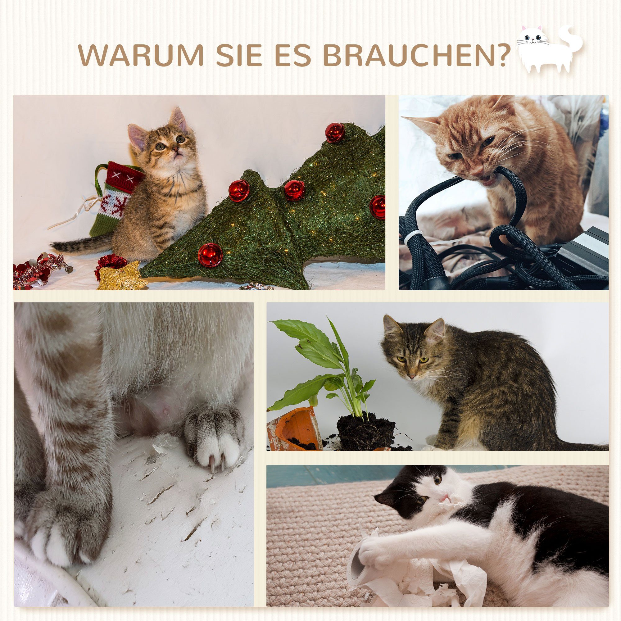 PawHut Katzen-Kletterwand Katzentreppe für Wandmontage Katzenstufen Kratzbaum, Sisal, Grau+Beige, Mit Plattformen