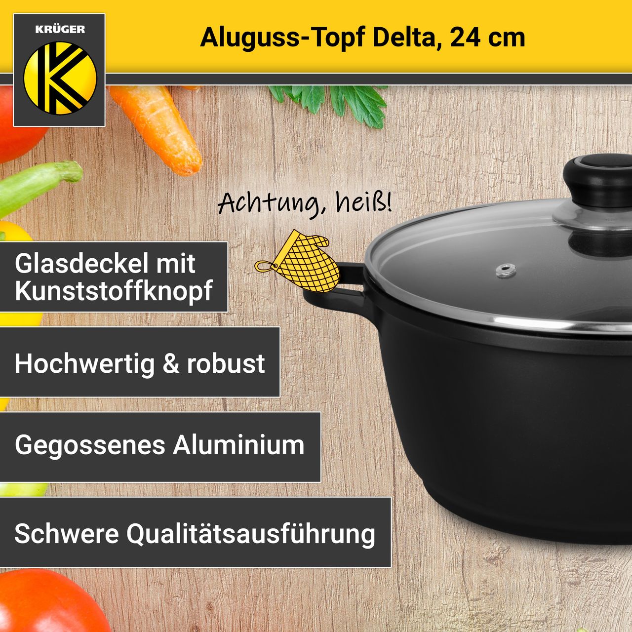 Karl Krüger Aluguss Fleischtopf DELTA mit Deckel, 24 cm
