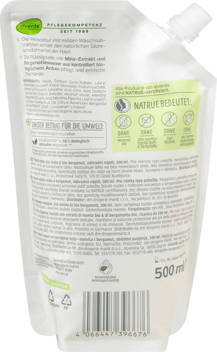 Flüssigseife Bio-Minze, Bio-Bergamotte NF, 500 ml