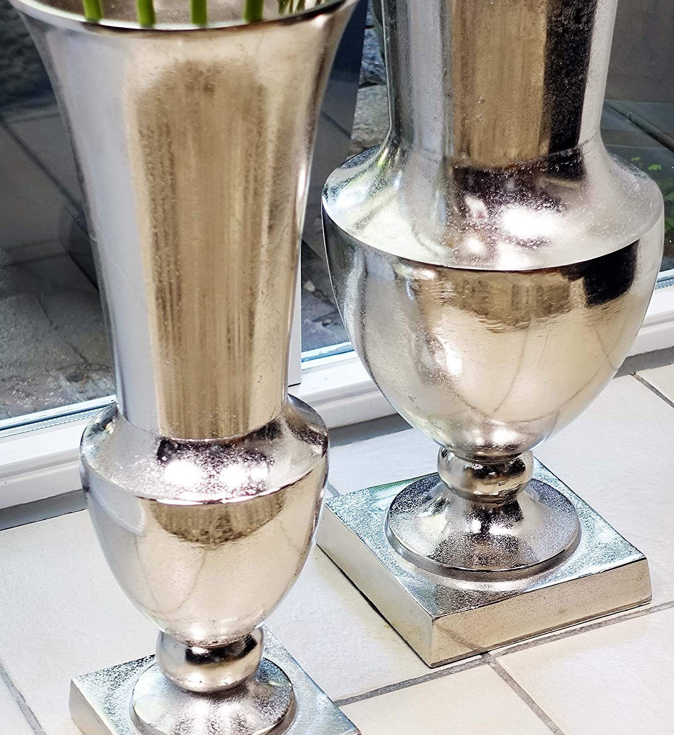 MichaelNoll Dekovase Vase Blumenvase Gefäß Pokalvase Dekovase Groß Aluminium Silber Groß - Bodenvase für Kunstblumen und Pampasgras - 52 cm / 80 cm