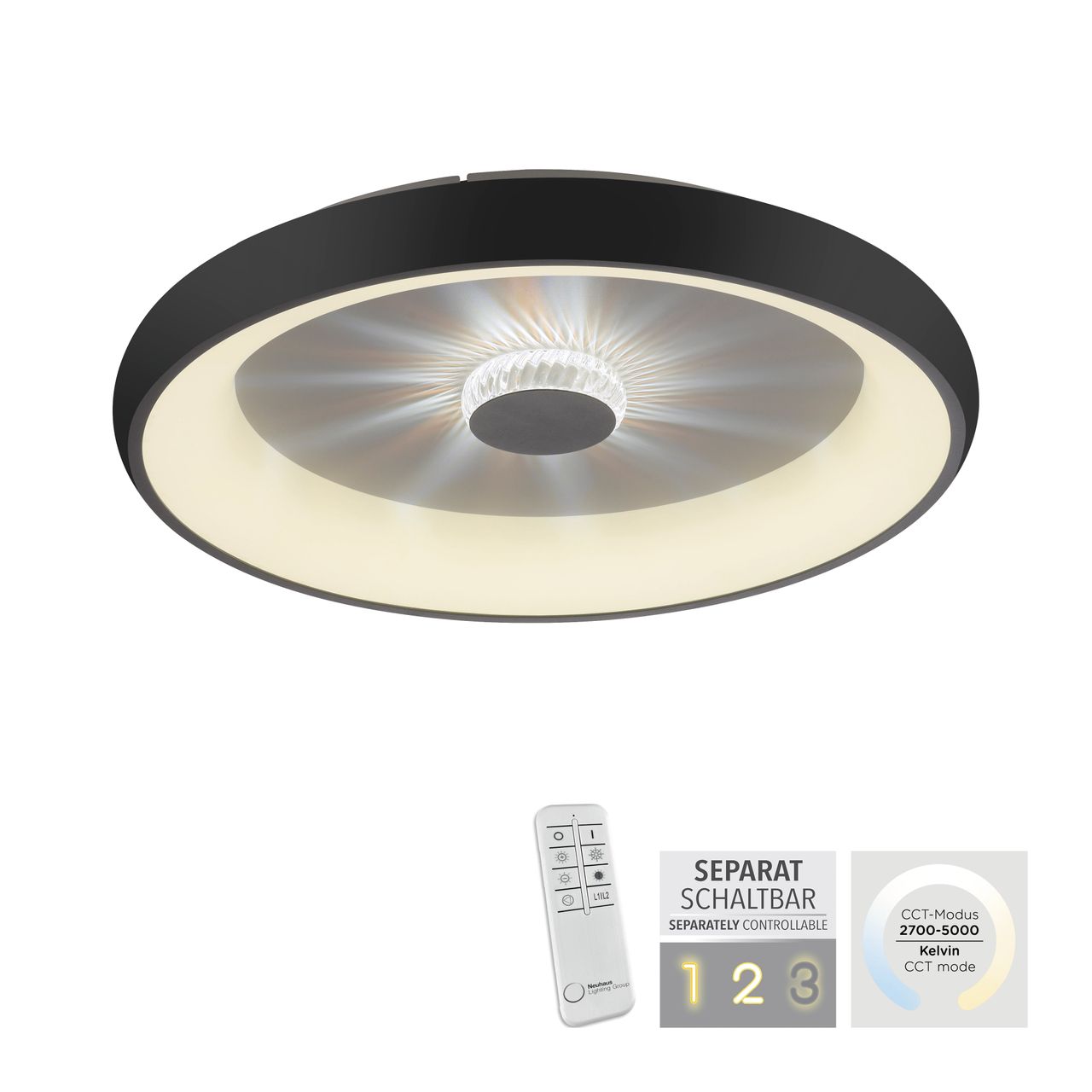 JUST LIGHT LED Deckenleuchte VERTIGO, CCT, dimmbar, Fernbedienung, Ø61,5 cm, Kristall-Effekt