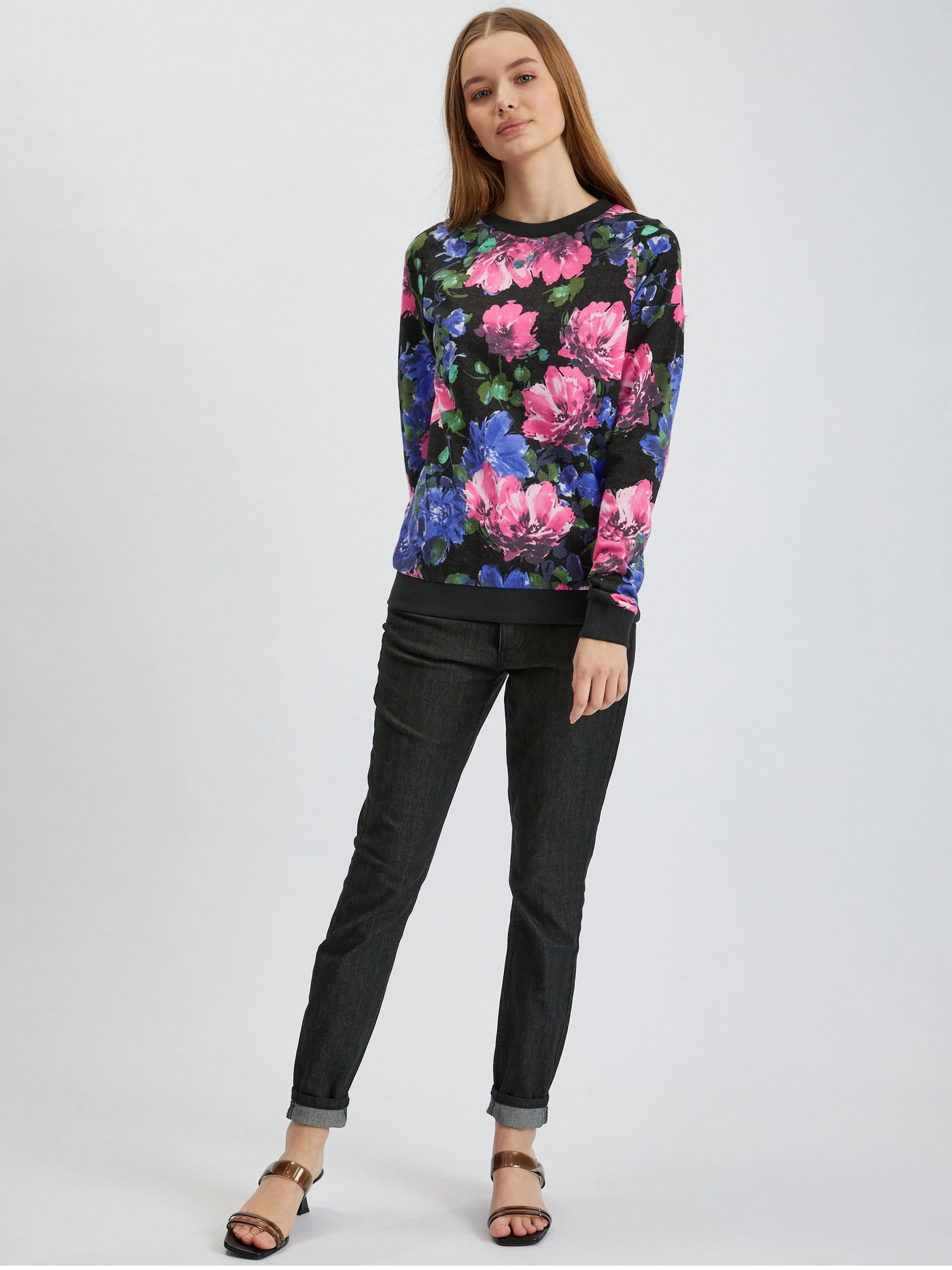 Rosa und schwarzes geblümtes Damen-Sweatshirt ORSAY