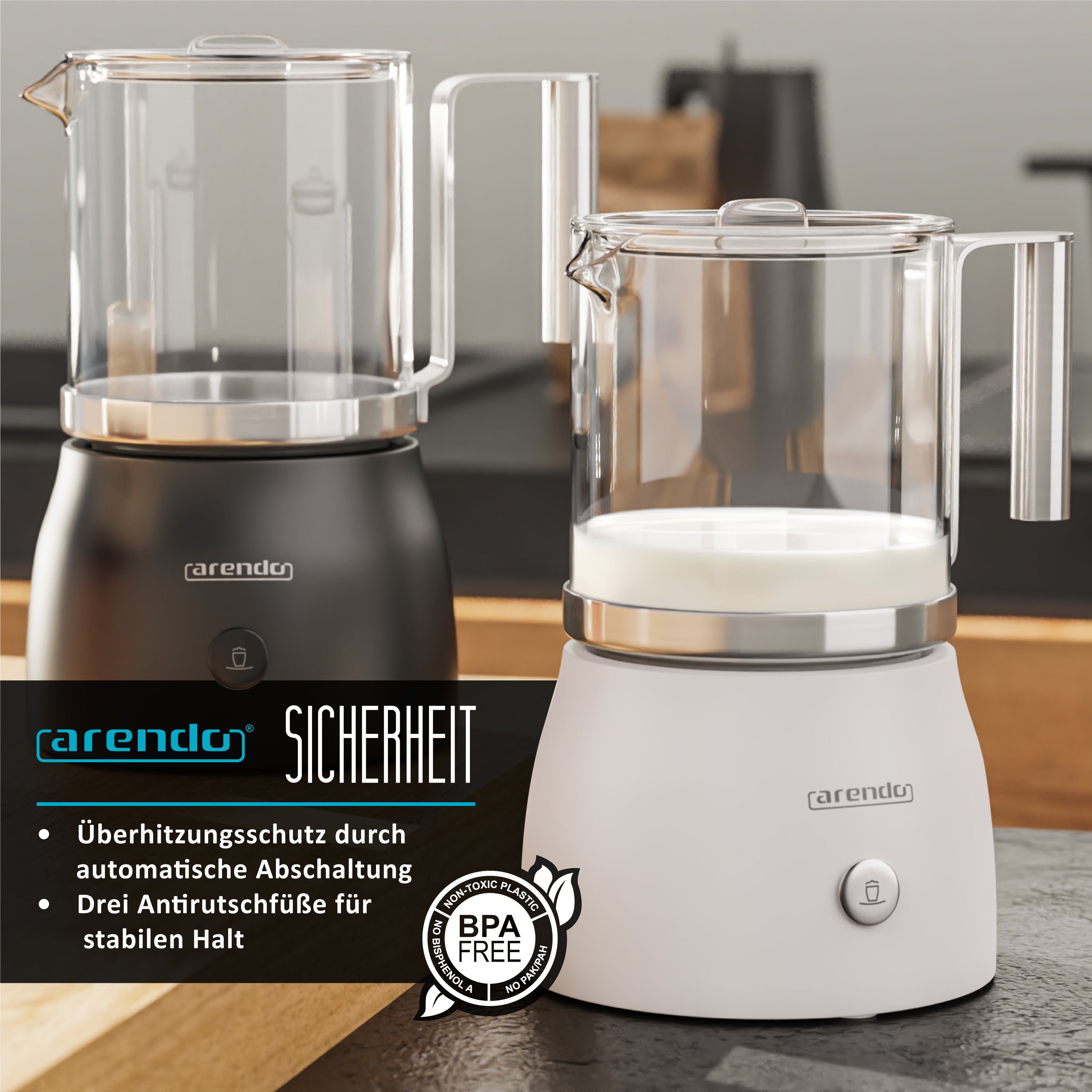 Arendo Milchaufschäumer, 600 W, inkl. abnehmbaren Glasaufsatz, 6 Funktionen, leise & Stromsparend