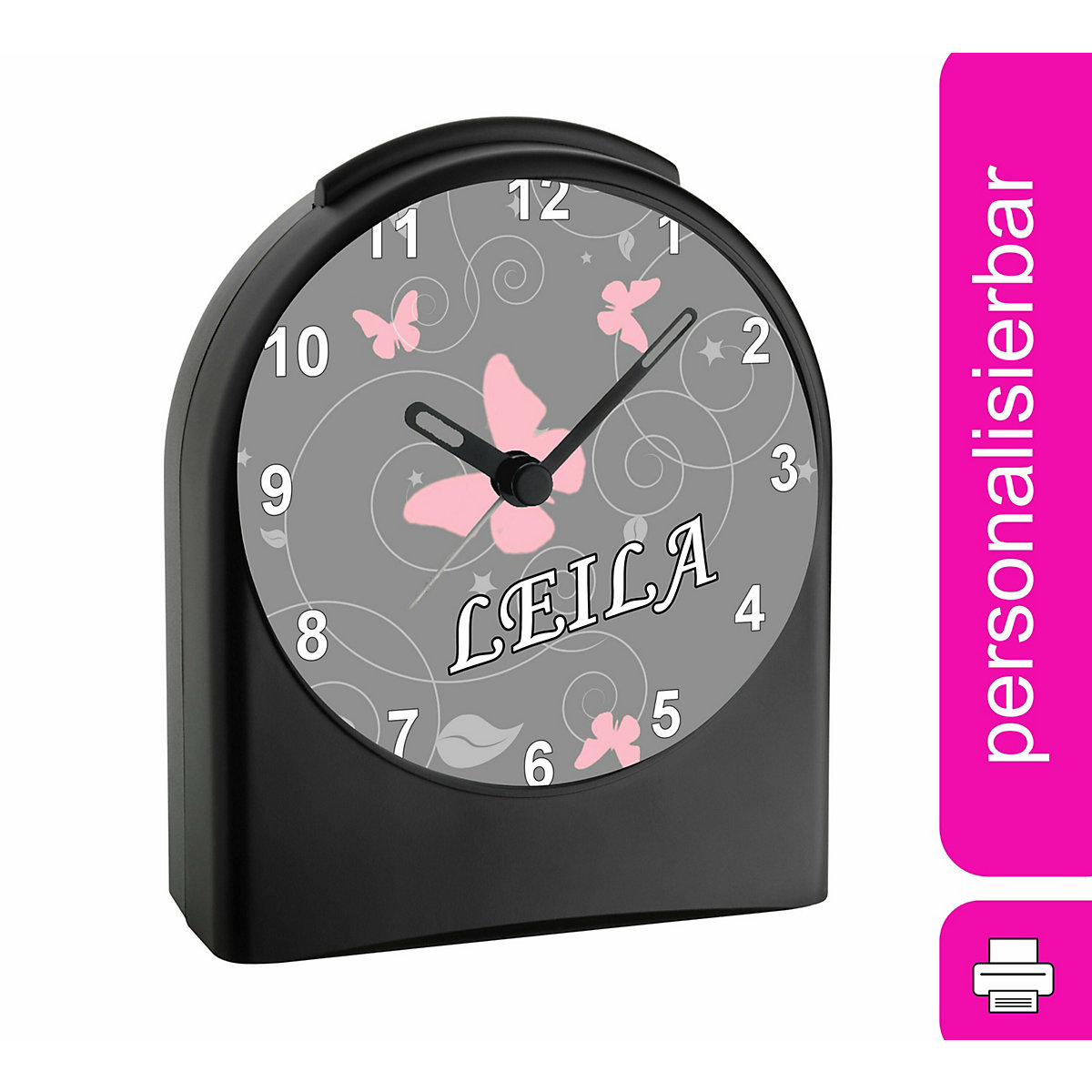 Kinder Funkwecker personalisiert mit Namen Schmetterling Ornamente Atom-/Funkuhr, 12-Stunden-Anzeigeformat, Schlummerfunktion, Nachtlicht, Geräuschlos/Ohne Ticken