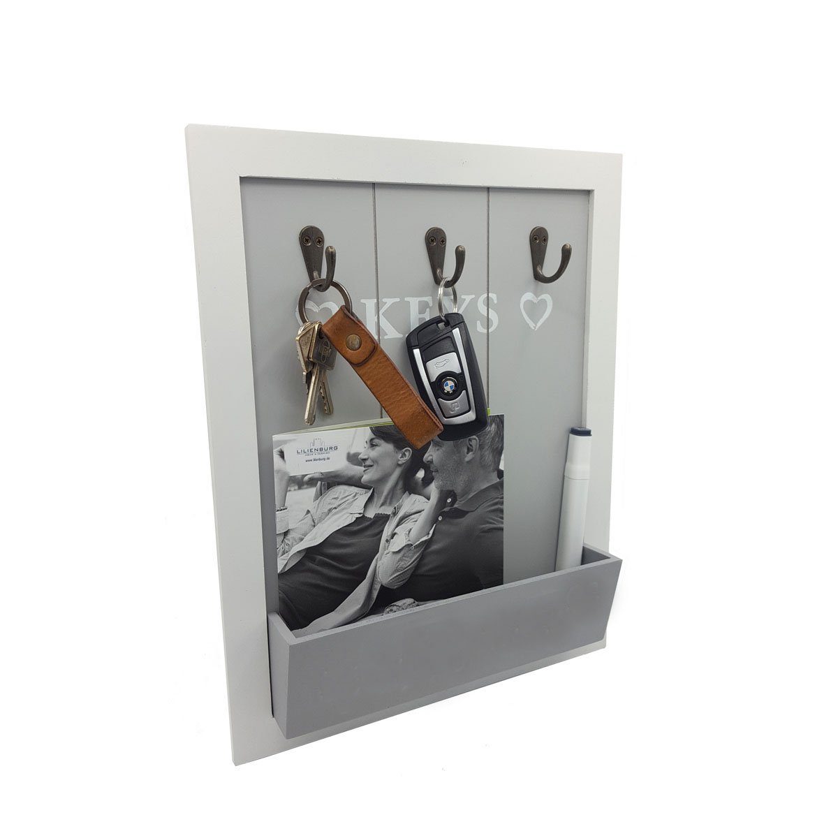 LB H&F Lilienburg Schlüsselbrett Schlüsselbrett Keys Holz mit Briefablage Briefhalter Handyhalter, (grau weiß Holz Vintage Schlüsselschrank und 3 Schlüsselhaken für Briefe, Stifte, Handy Schlüsselleiste Schlüsselboard, Handyablage Schlüsselkasten Sch