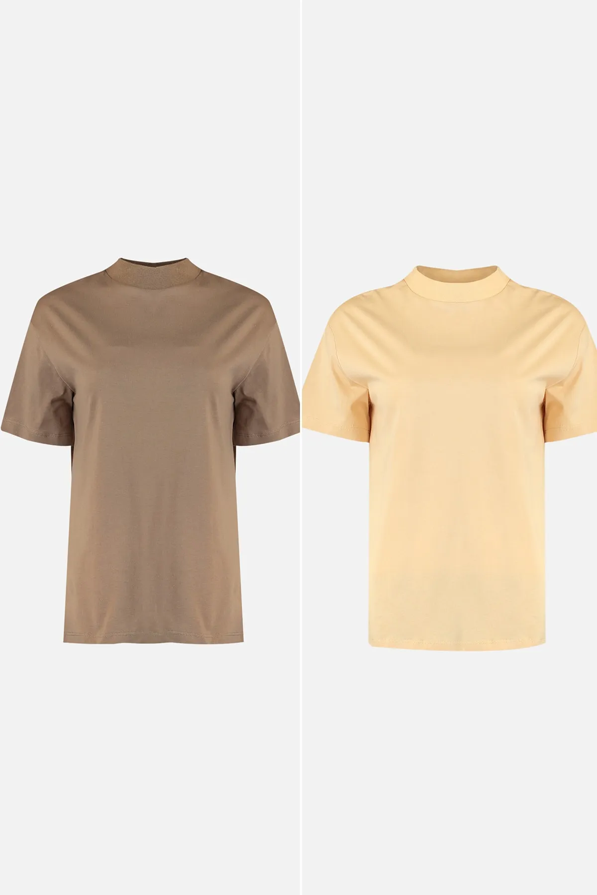 Trendyol Collection  Beige-Nerz, 2er-Pack Basic-Strick-T-Shirts aus 100 % Baumwolle mit hohem Kragen TWOSS20TS1500