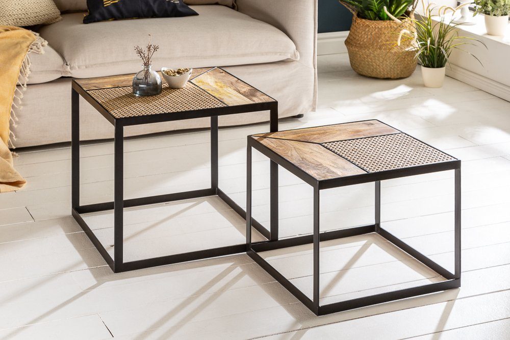 riess-ambiente Couchtisch VIENNA LOUNGE 50cm natur / schwarz (Set, 2-St), Wohnzimmer · Massivholz · eckig · Rattan · Wiener Geflecht · Design