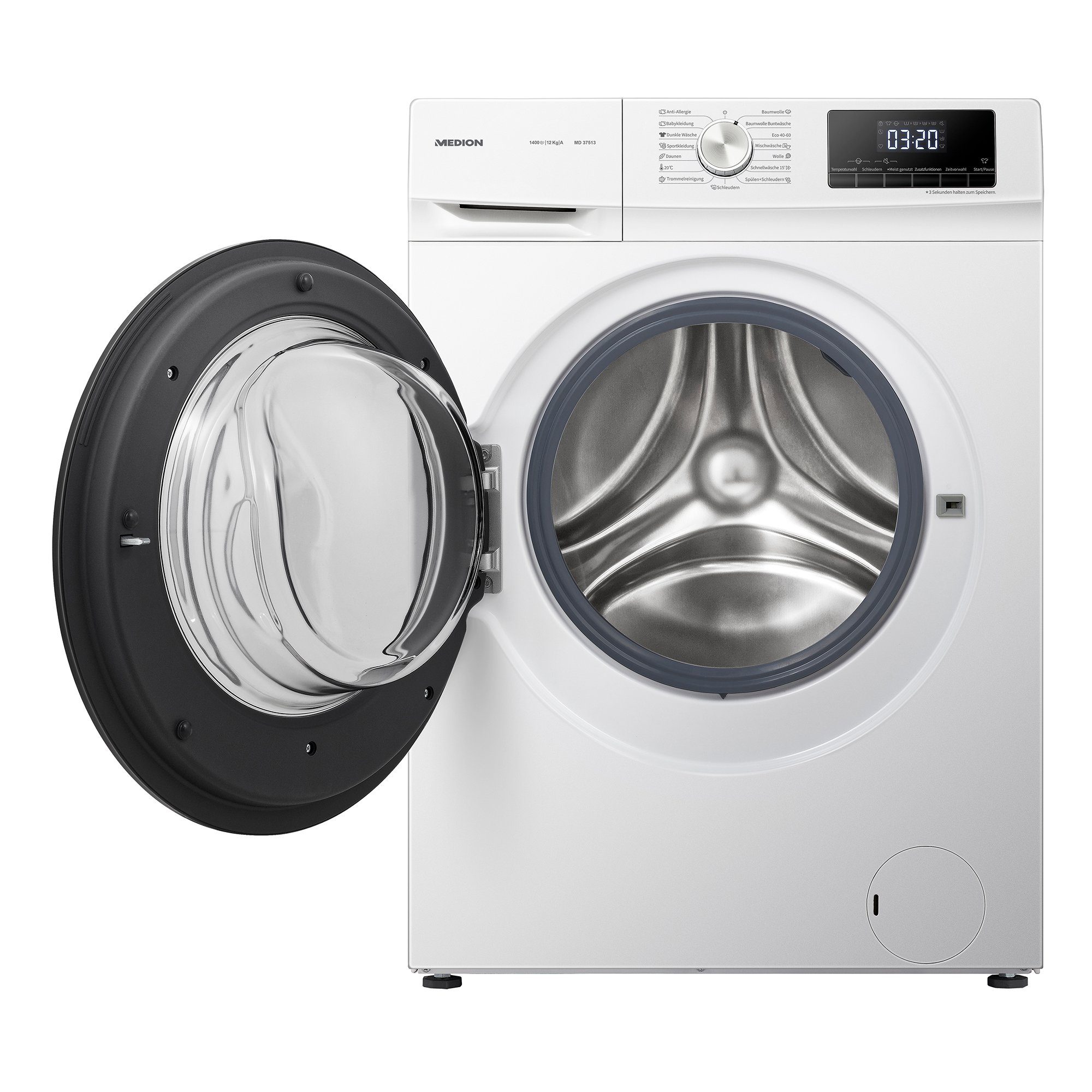 Medion® Waschmaschine MD 37513, 12 kg, 1400 U/min, Wäschenachlegen, Timerfunktion, 15 Waschprogramme