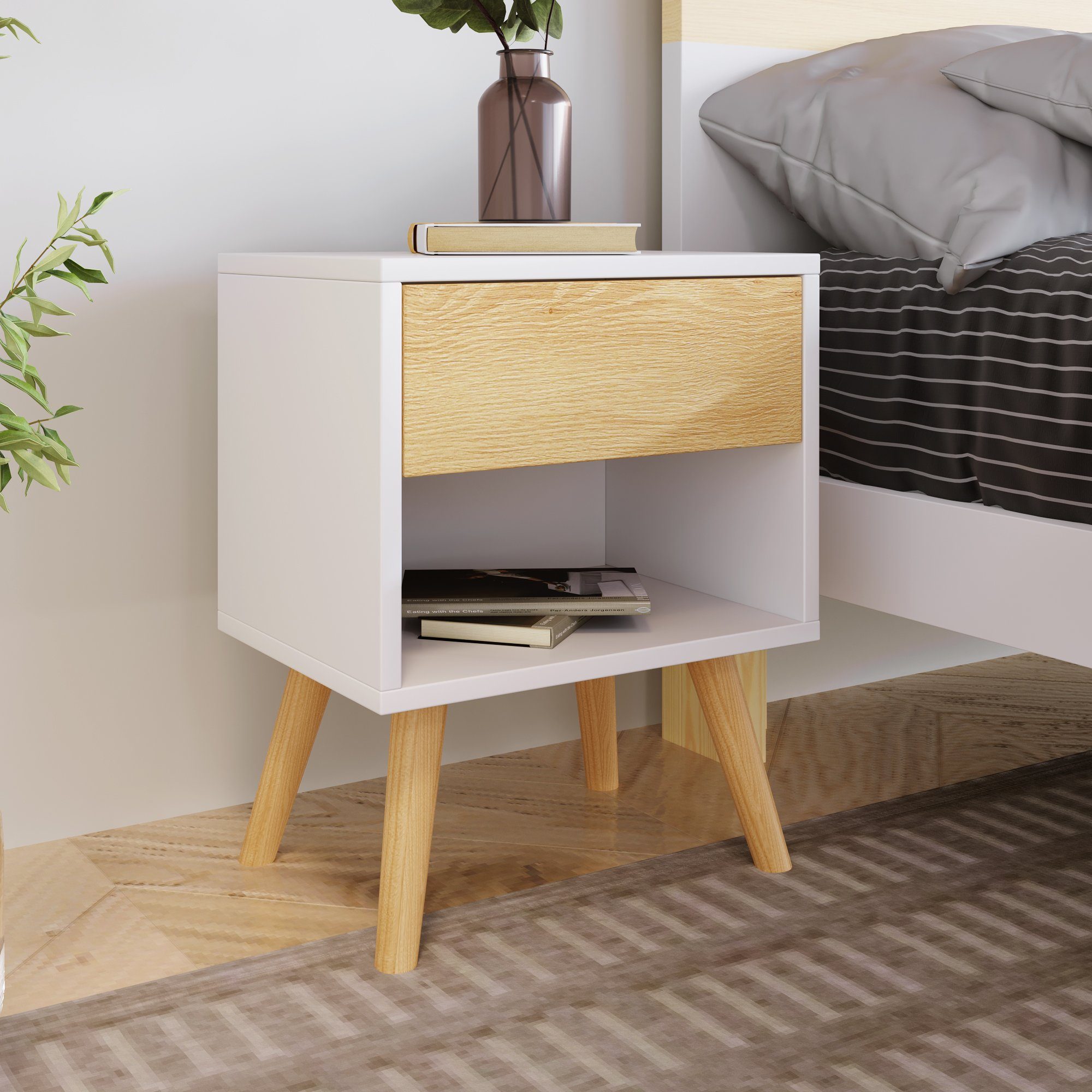 Powerwill Nachttisch 2er Set Massivholz Nachttisch Nachtschrank Beistelltisch (2-St., Holz Beistelltisch Nachtkommode Massivholzfüßen), Nachttischkommode mit Schubladen, für Bett und Schlafzimmer