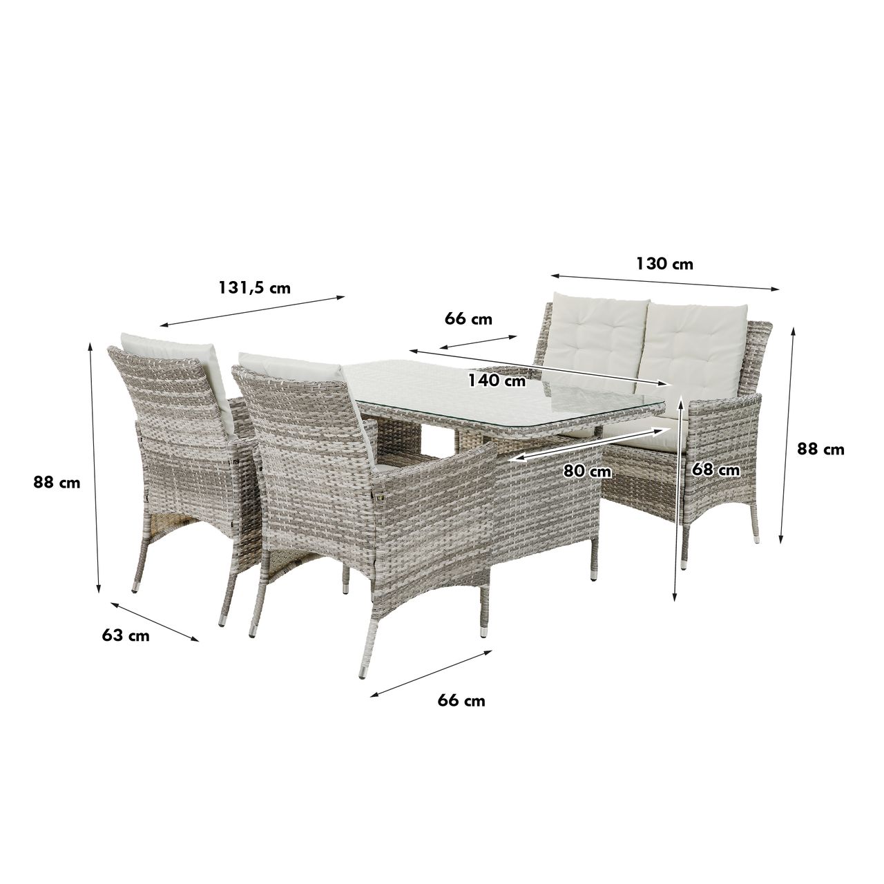 greemotion Dining-Set Loungeset Parma 4-teilig, Polyrattan Gartenmöbel Sofa- Set, Kissen Grau