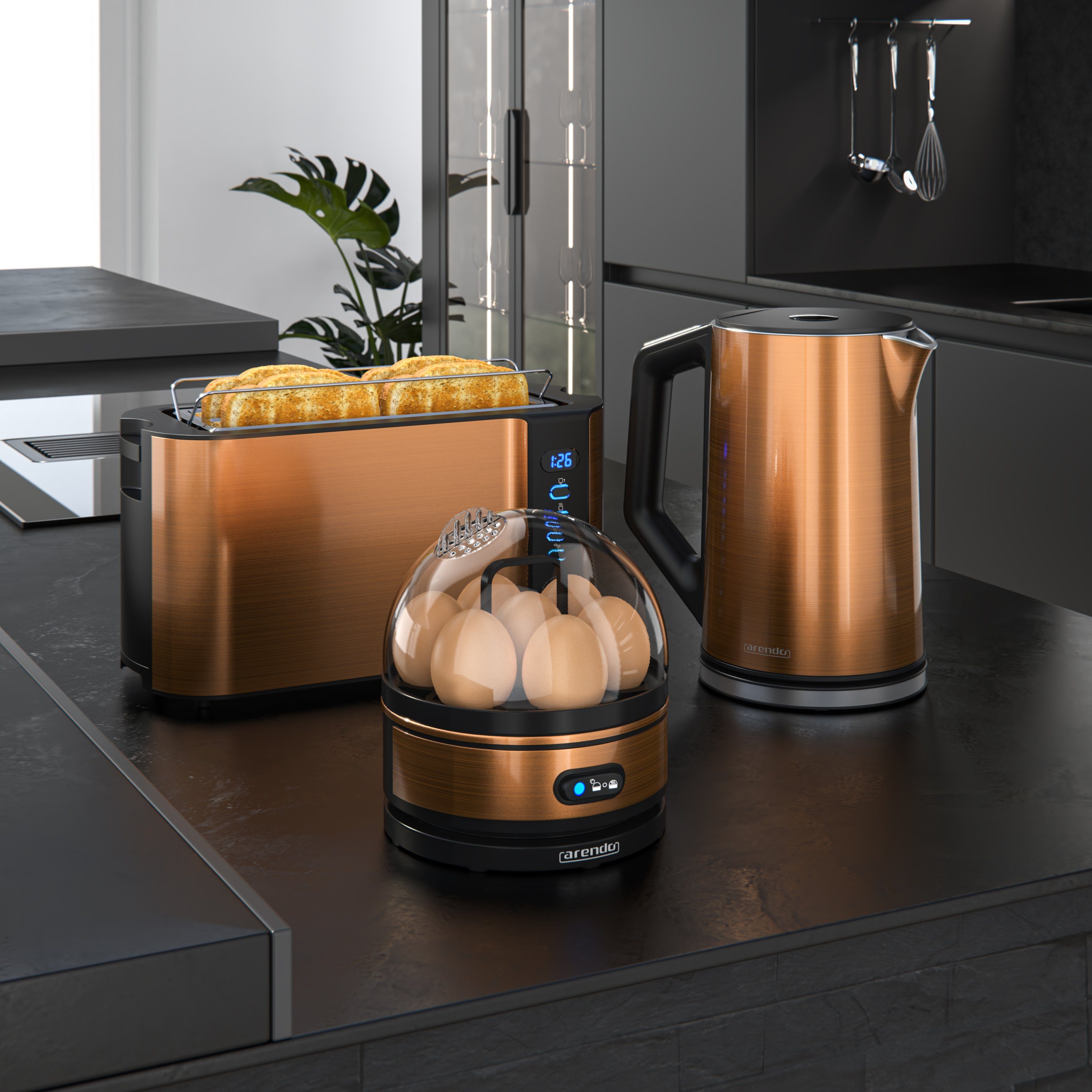 Arendo Frühstücks-Set (3-tlg), Wasserkocher 1,5l, 4-Scheiben Toaster, 7er Eierkocher, Kupfer