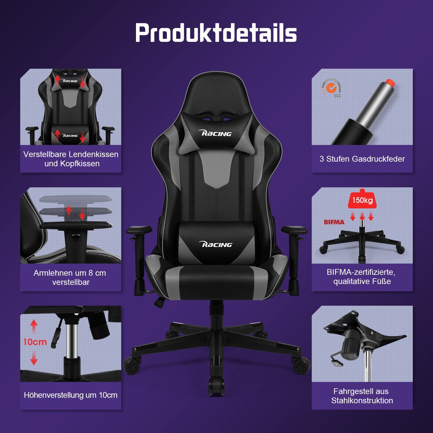Daynee Gaming-Stuhl Gaming Stuhl,Bürostuhl Ergonomisch mit verstellbare Lendenkissen (Kopfkissen und Armlehnen,Gaming Chair Gepolstert), Gamer Stuhl Wippfunktion, Gaming Stuhl 150 kg Belastbarkeit