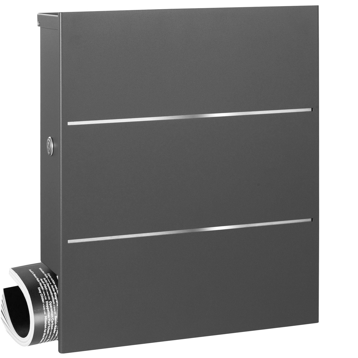 MOCAVI Briefkasten MOCAVI Box 141R Design-Briefkasten mit Zeitungsfach grau-eisenglimmer (DB 703) mit Edelstahl-Detail, integriert, passender Verschluss (zusätzlich bestellbar) für Wetterseite, beidseitig nutzbar: Box Vers 1 VA