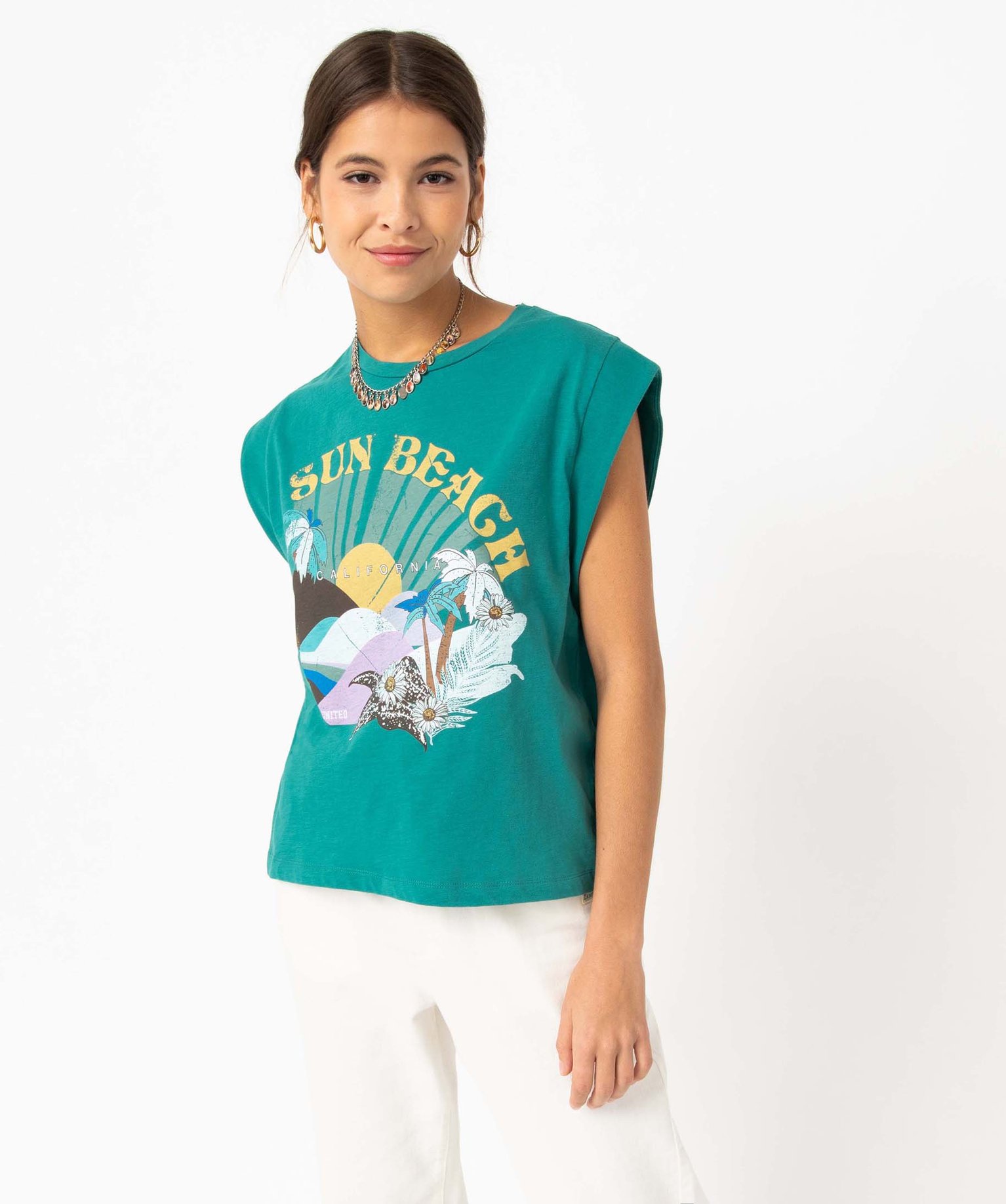 Tee-shirt femme avec larges emmanchures et motifs XXL - Camp... vert | GEMO