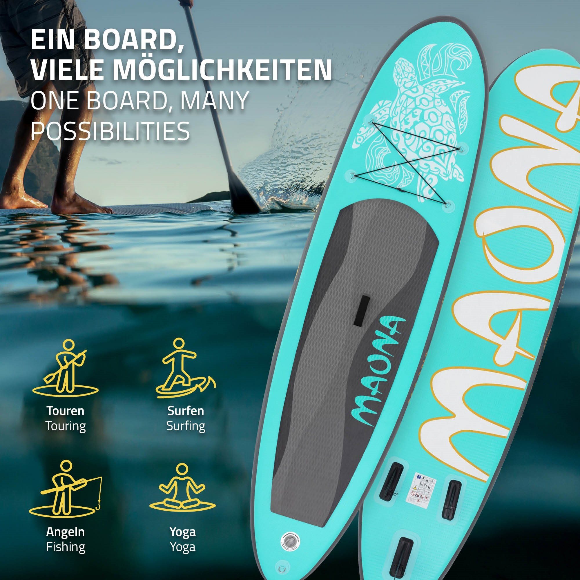 ECD Germany SUP-Board Aufblasbares Stand Up Paddle Board Maona Surfboard, Türkis 308x76x10cm PVC bis 120kg Pumpe Tragetasche Zubehör