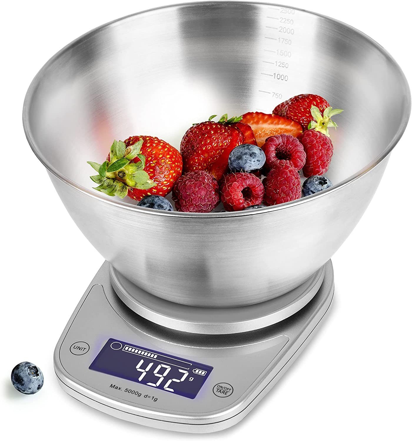 Duronic Küchenwaage, KS5000 SR/SS Küchenwaage, 5 kg Digitalwaage oval mit 2,5 L Schüssel