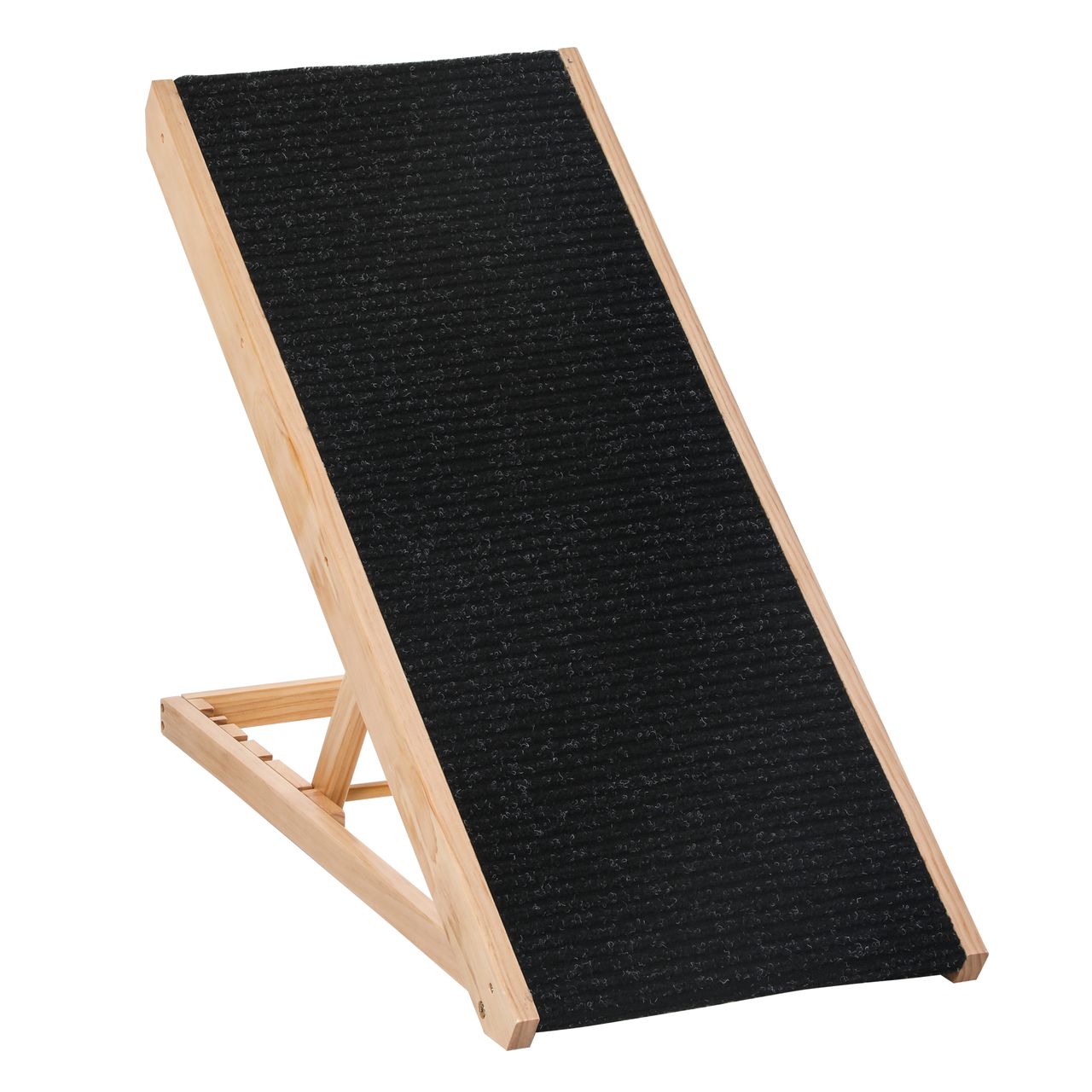 PawHut Haustierrampe mit rutschfestem Teppich verstellbarer Haustierleiter Hunderampe für großen Hund Kiefernholz Polyester Schwarz Naturholz 90B x 40T x 61H cm